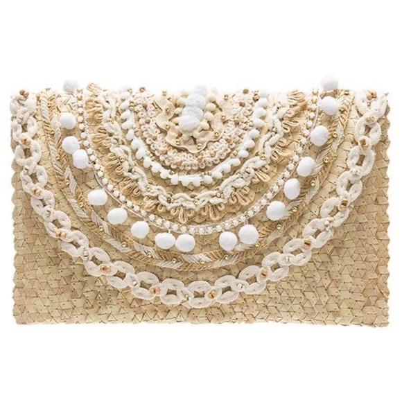 Women’s Woven Pom Pom Embellishment Clutch Boho Bohemian Vacation Summer Bag - Picture 1 of 12